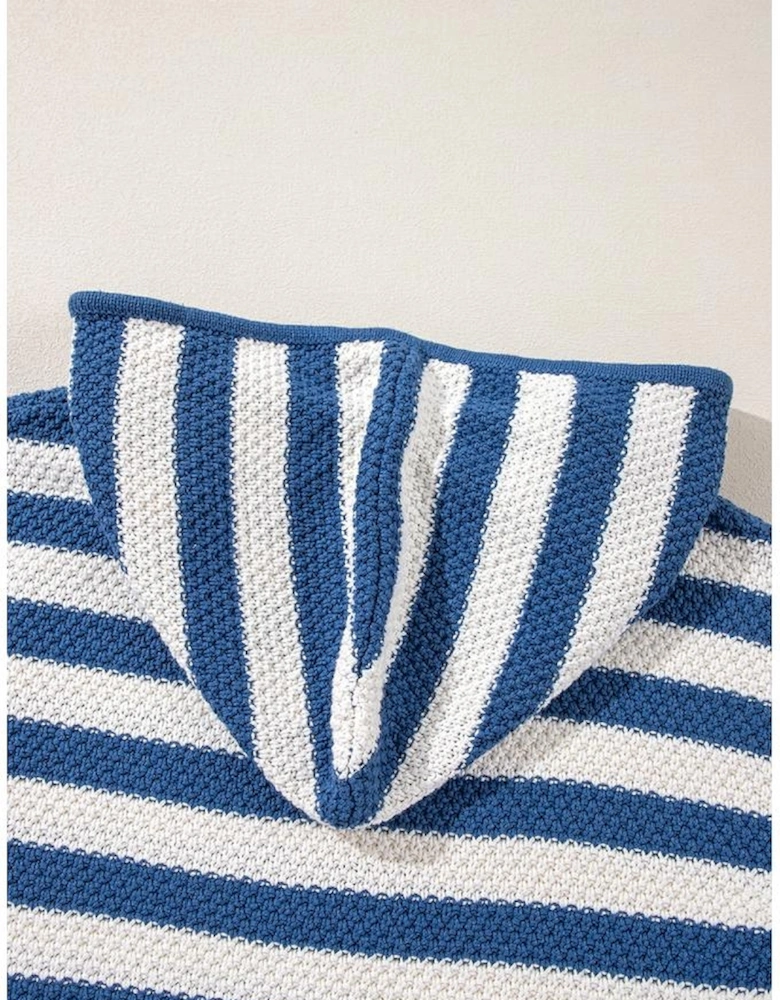 Blue Stripe V Neck Pocketed Drawstring Hooded Sweater