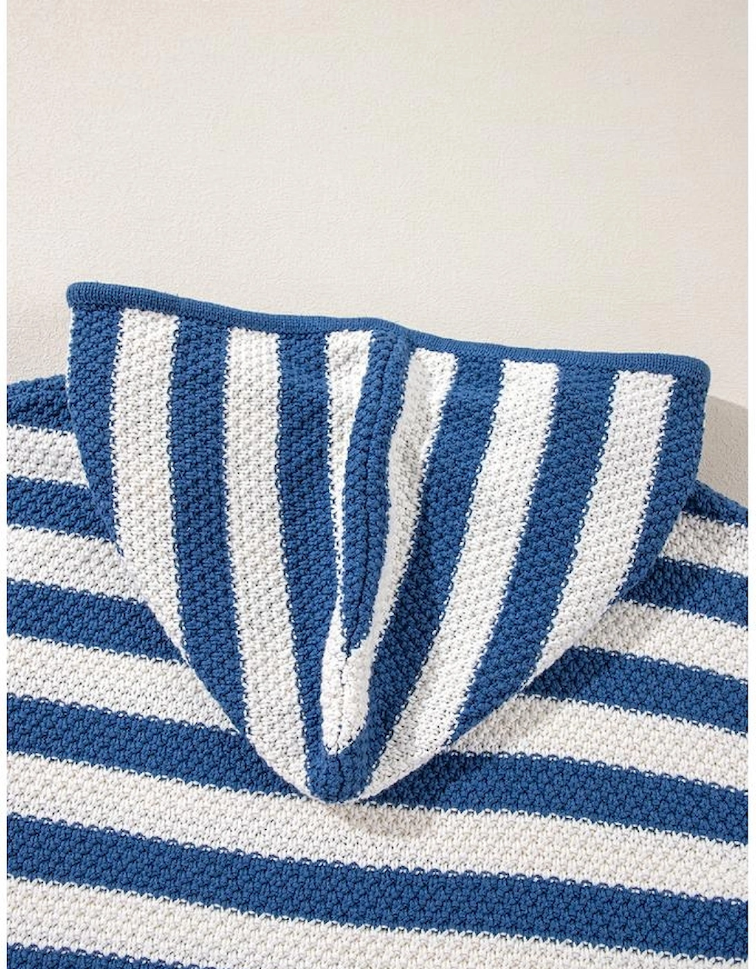Blue Stripe V Neck Pocketed Drawstring Hooded Sweater
