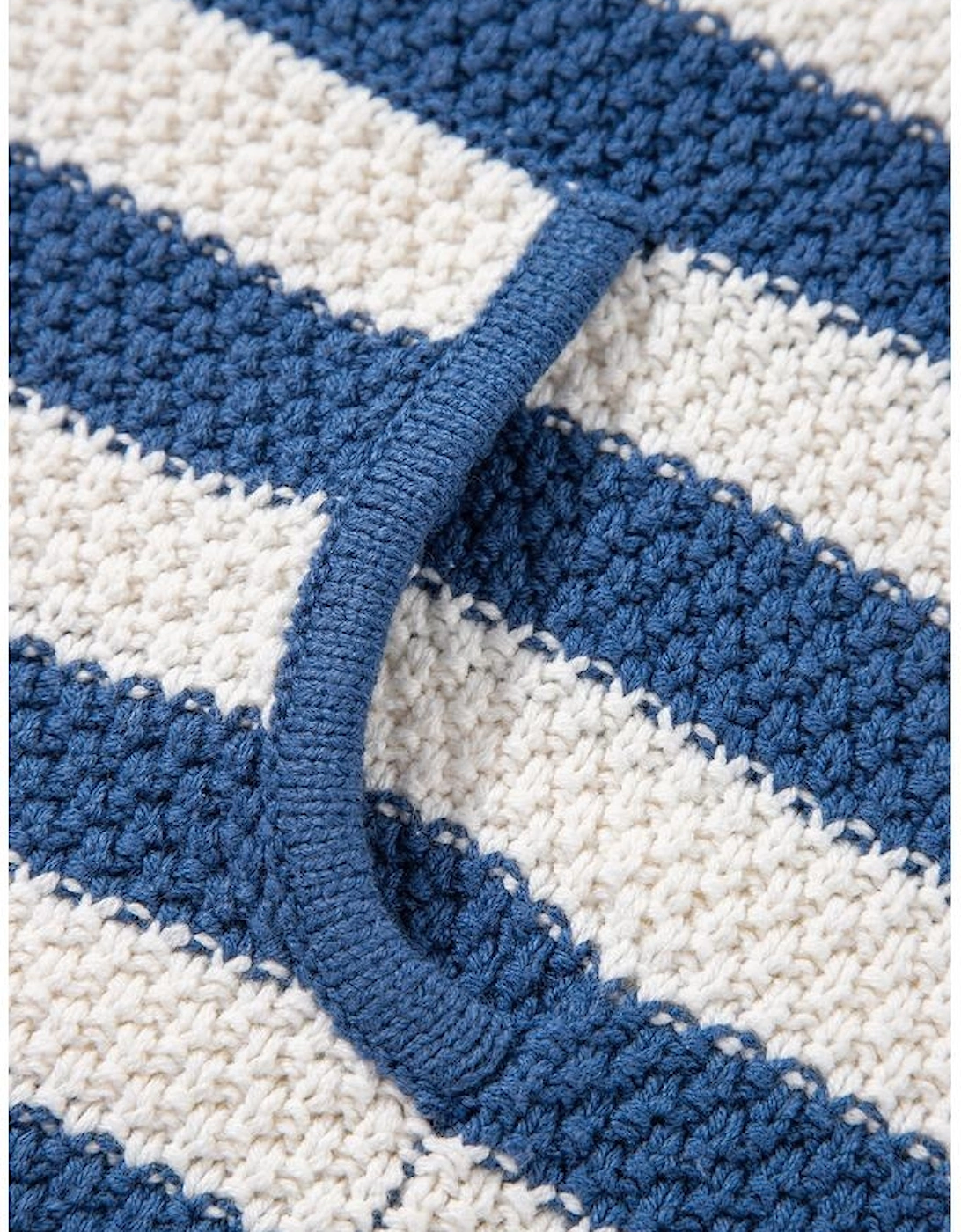 Blue Stripe V Neck Pocketed Drawstring Hooded Sweater