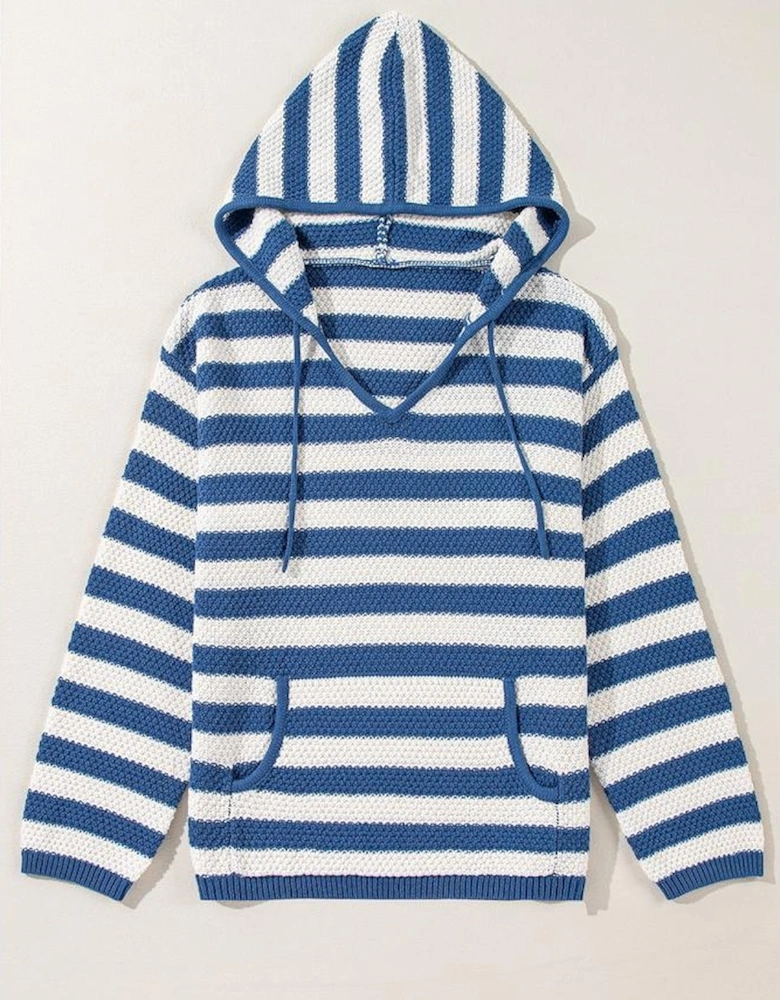 Blue Stripe V Neck Pocketed Drawstring Hooded Sweater