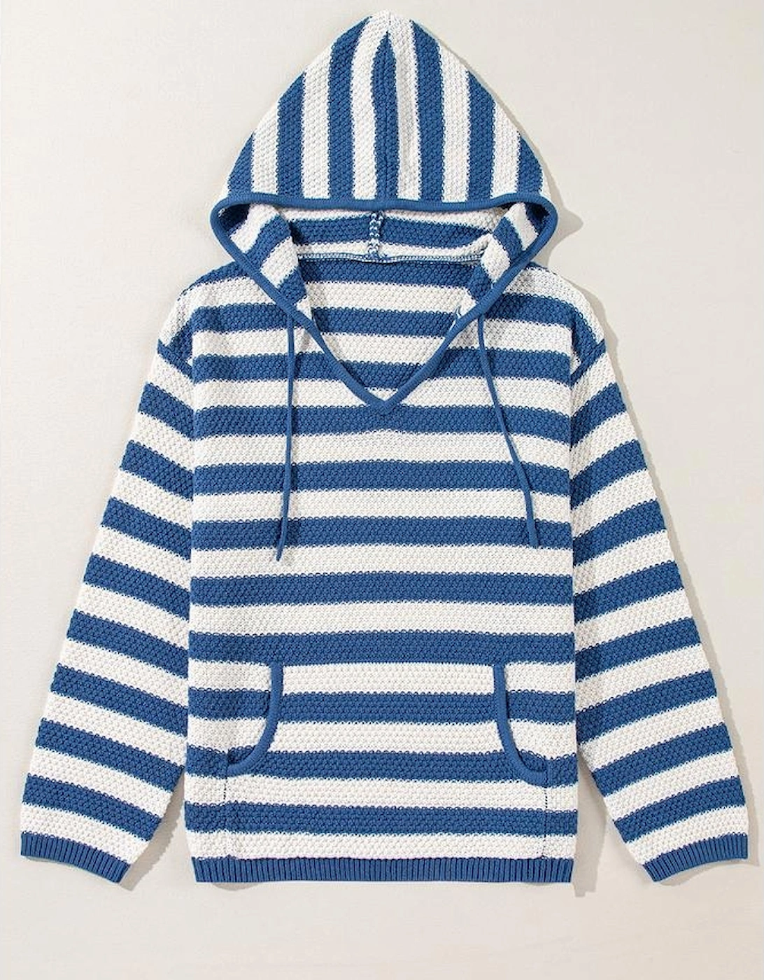 Blue Stripe V Neck Pocketed Drawstring Hooded Sweater