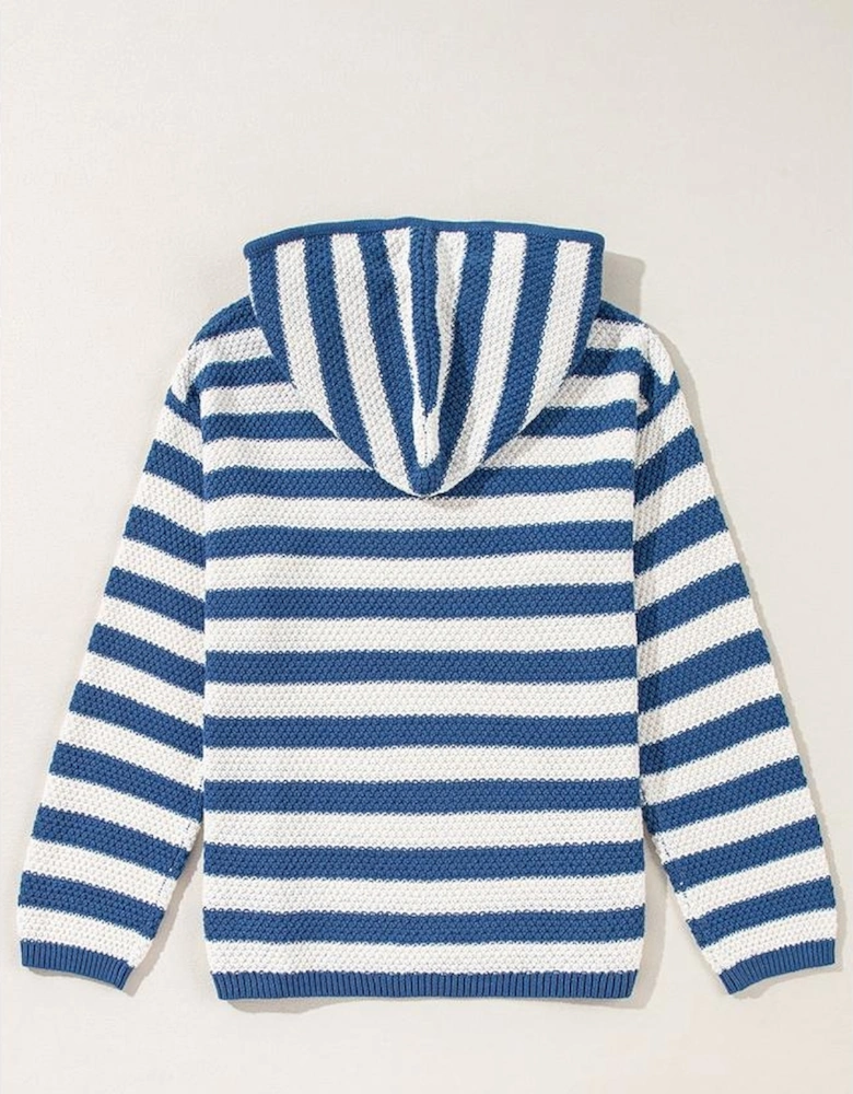 Blue Stripe V Neck Pocketed Drawstring Hooded Sweater