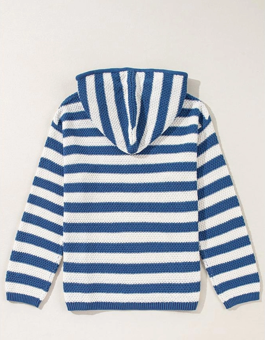 Blue Stripe V Neck Pocketed Drawstring Hooded Sweater