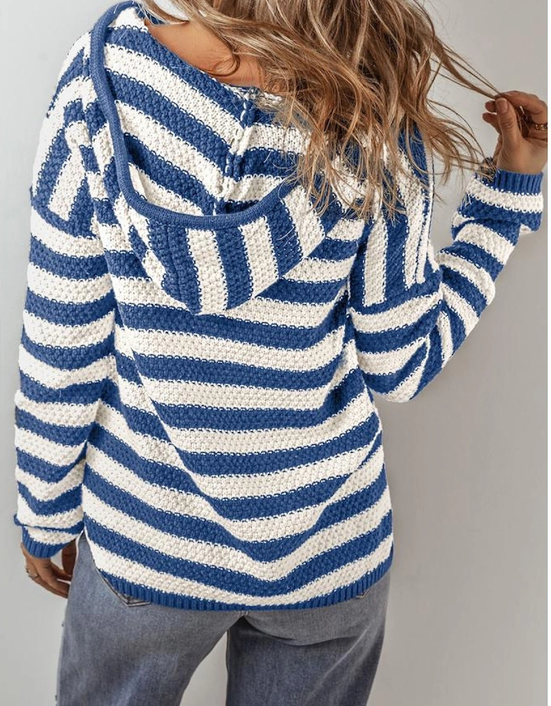 Blue Stripe V Neck Pocketed Drawstring Hooded Sweater