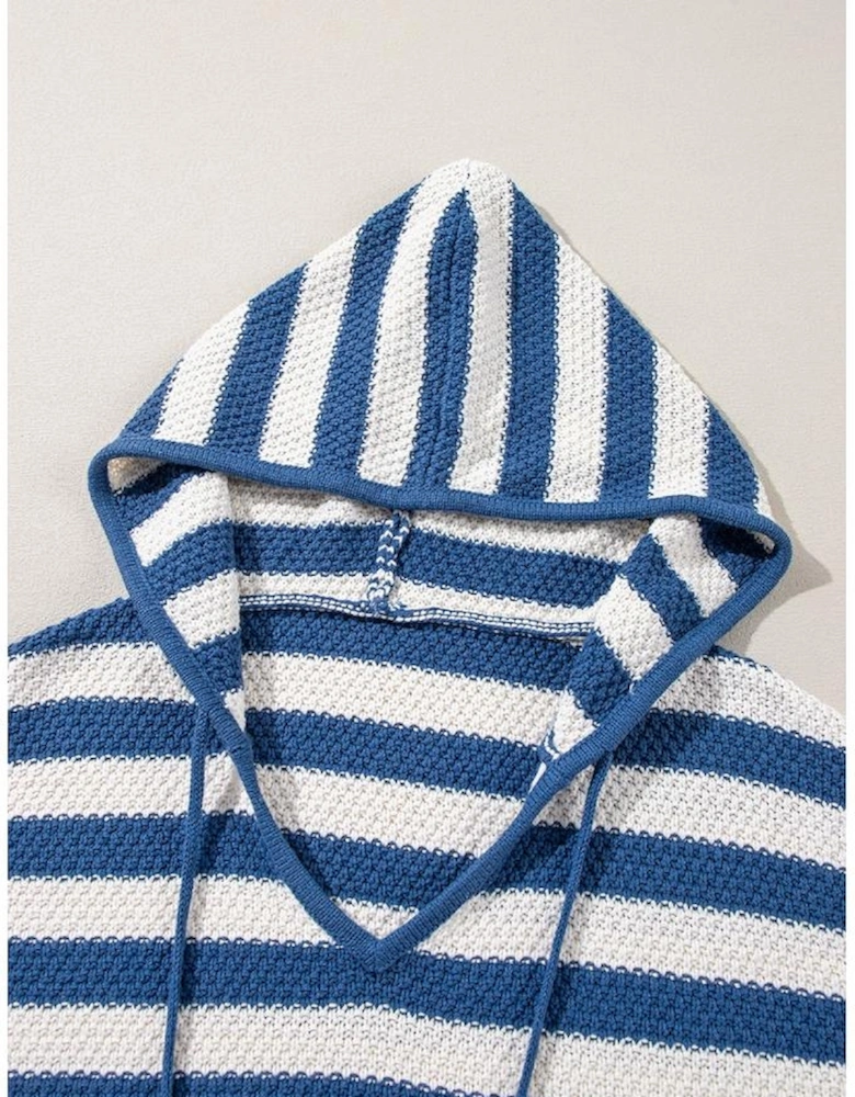Blue Stripe V Neck Pocketed Drawstring Hooded Sweater