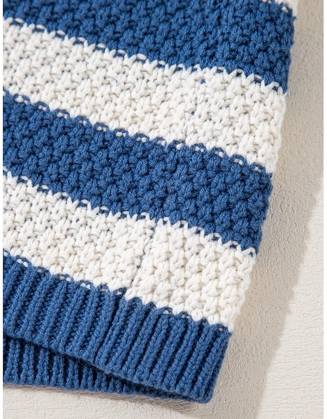 Blue Stripe V Neck Pocketed Drawstring Hooded Sweater