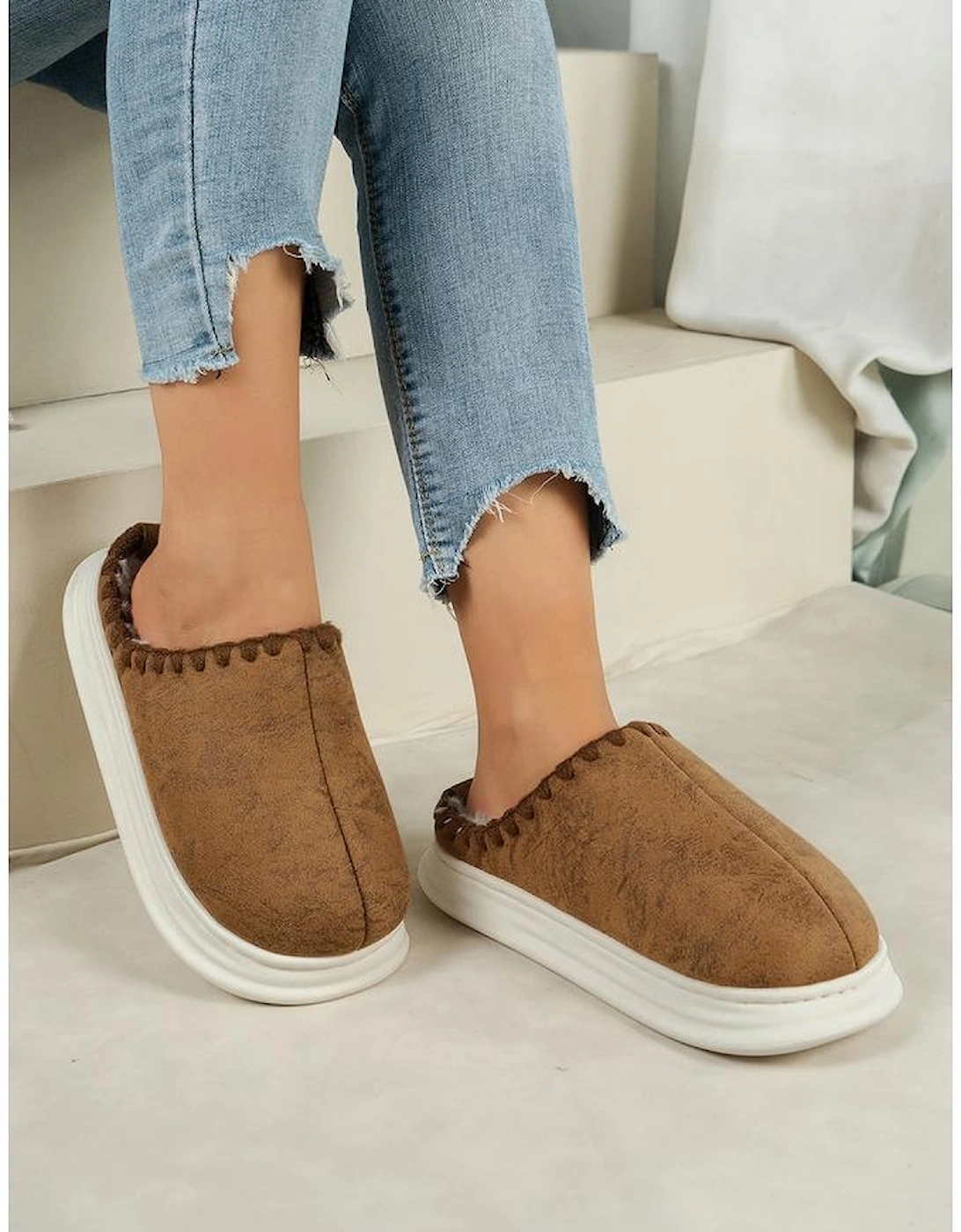 Chestnut Thick Sole Plush Lined Home Slippers