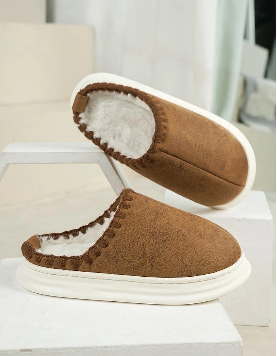 Chestnut Thick Sole Plush Lined Home Slippers