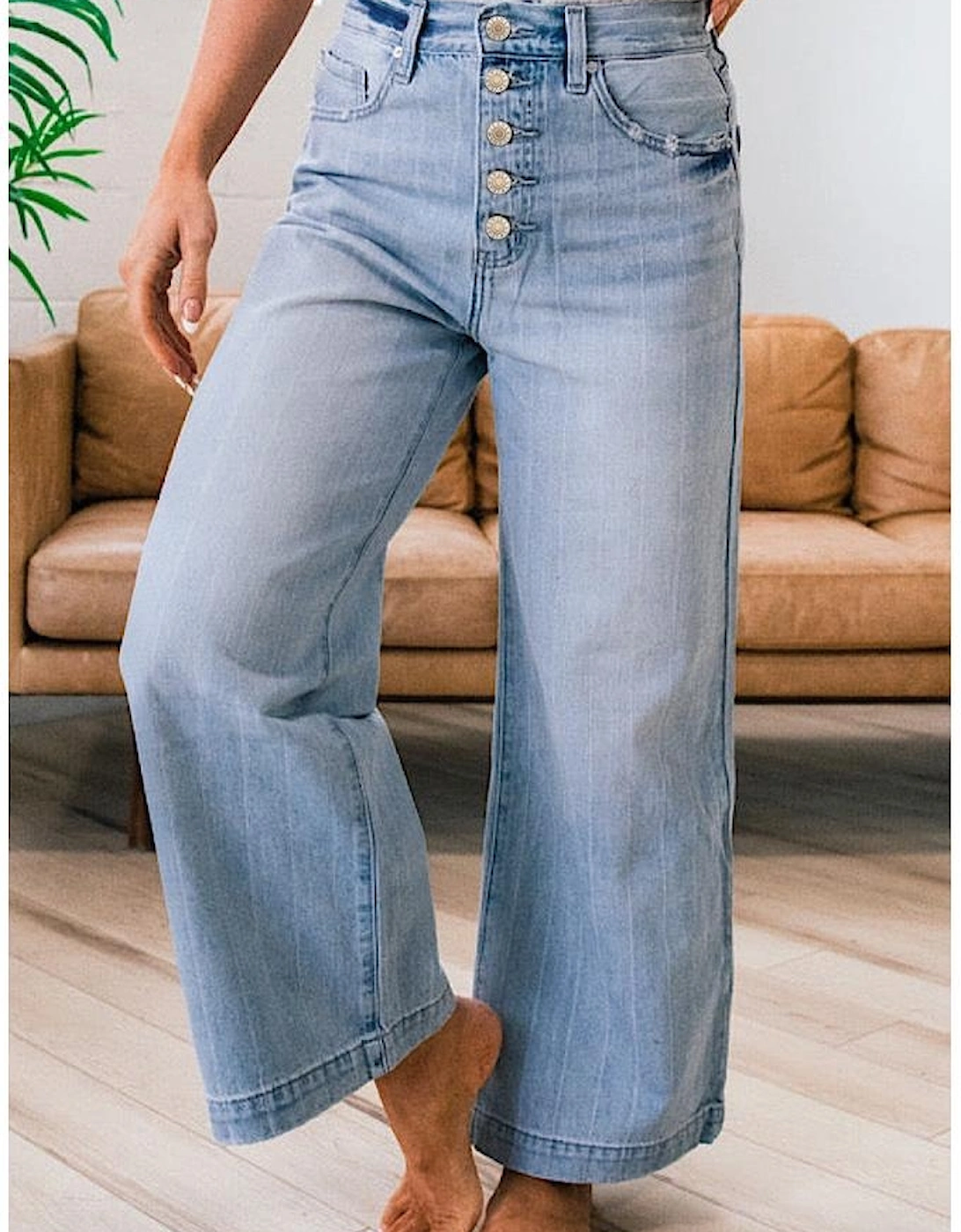 Beau Blue Multi Buttons Pinstripe Wide Leg Jeans