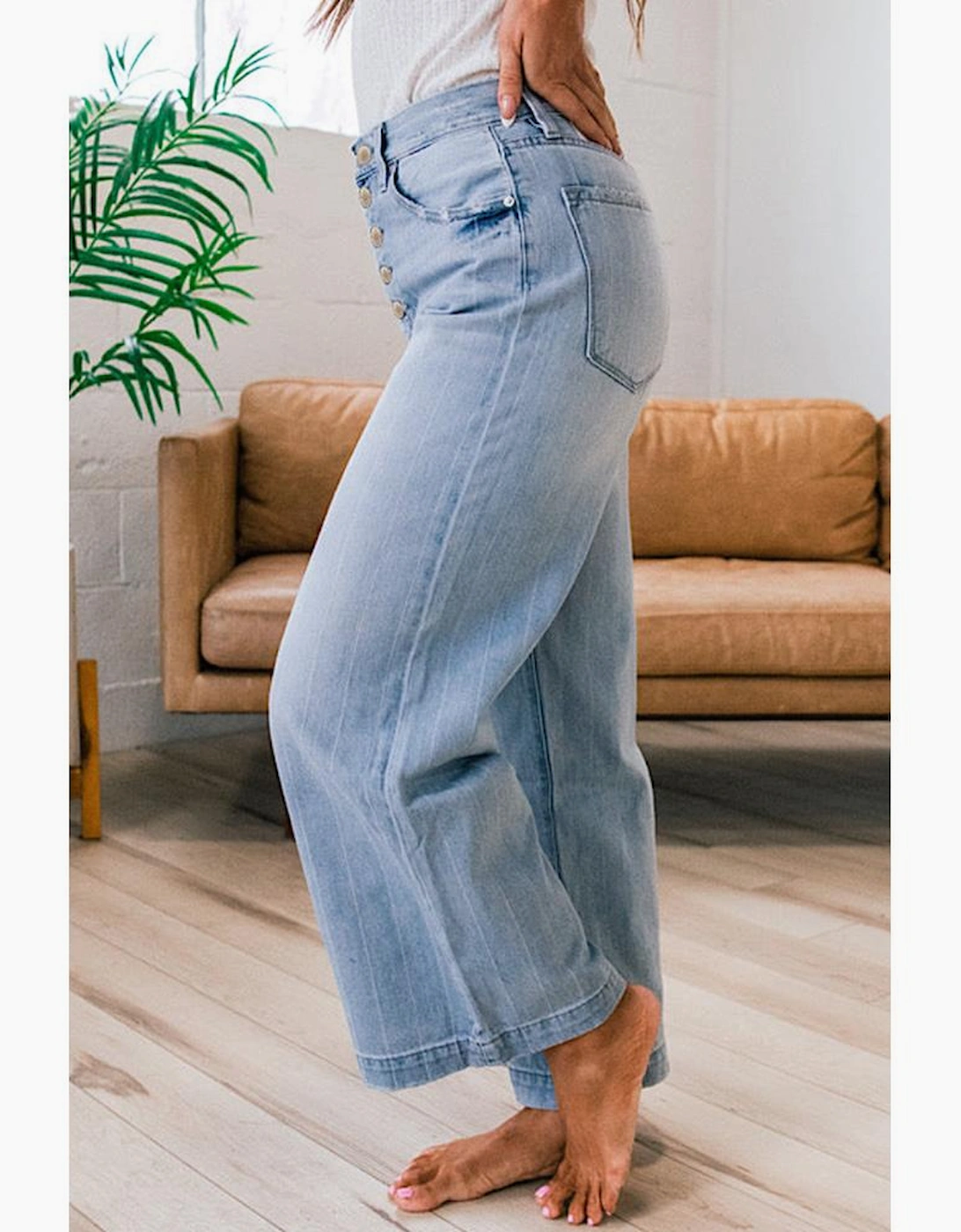 Beau Blue Multi Buttons Pinstripe Wide Leg Jeans