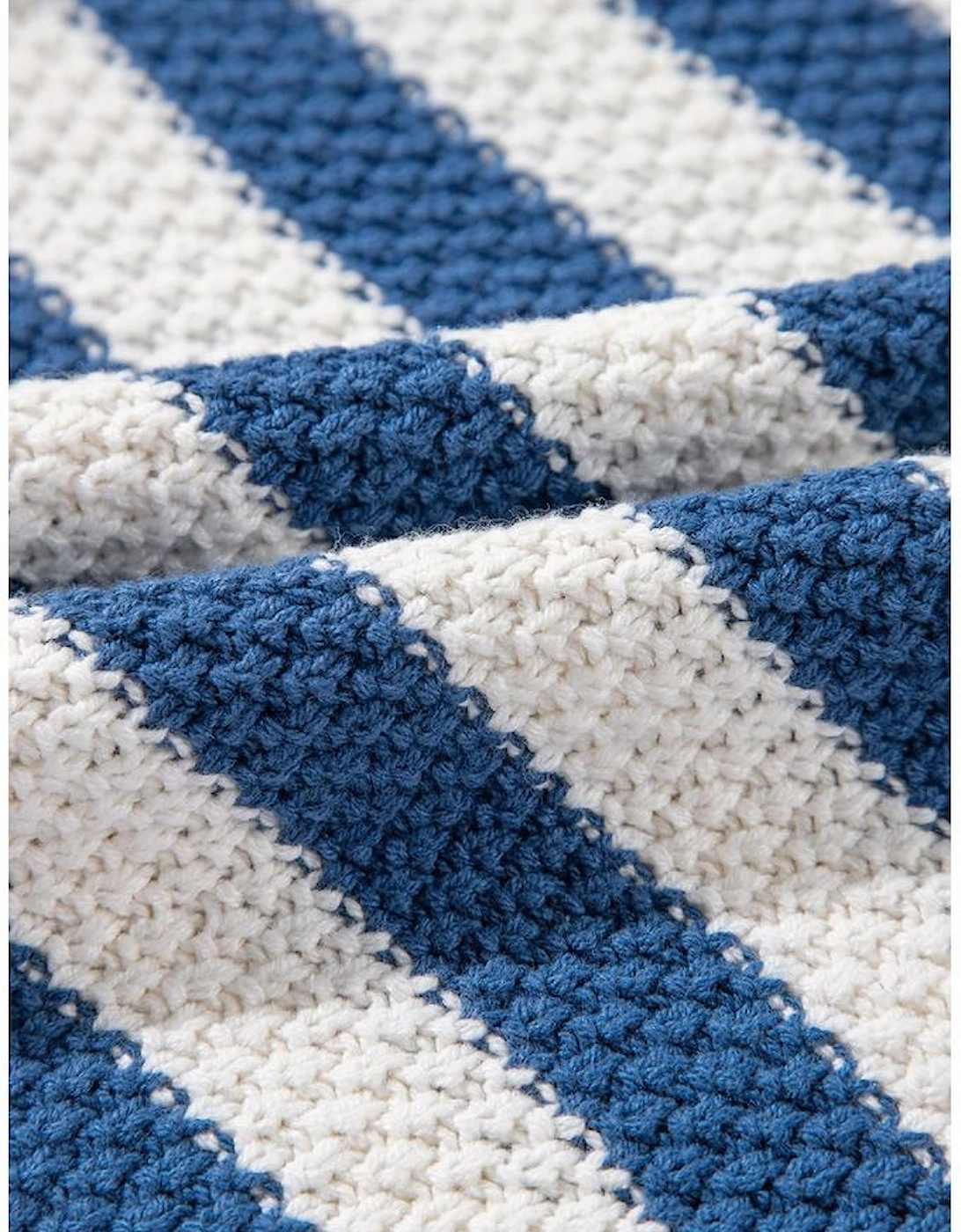 Blue Stripe V Neck Pocketed Drawstring Hooded Sweater