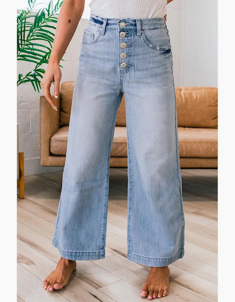 Beau Blue Multi Buttons Pinstripe Wide Leg Jeans