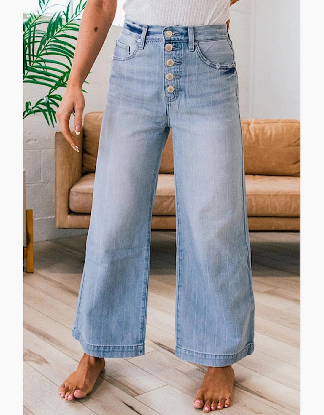 Beau Blue Multi Buttons Pinstripe Wide Leg Jeans