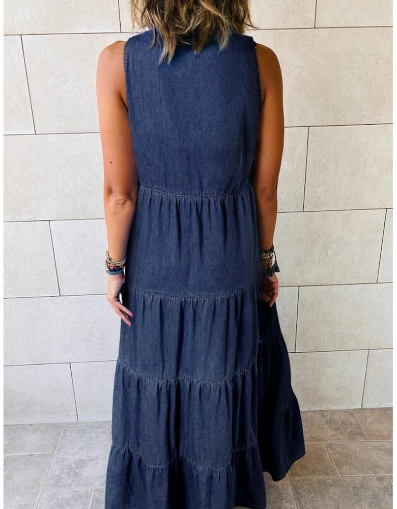 Real Teal Sleeveless Tiered Chambray Maxi Dress
