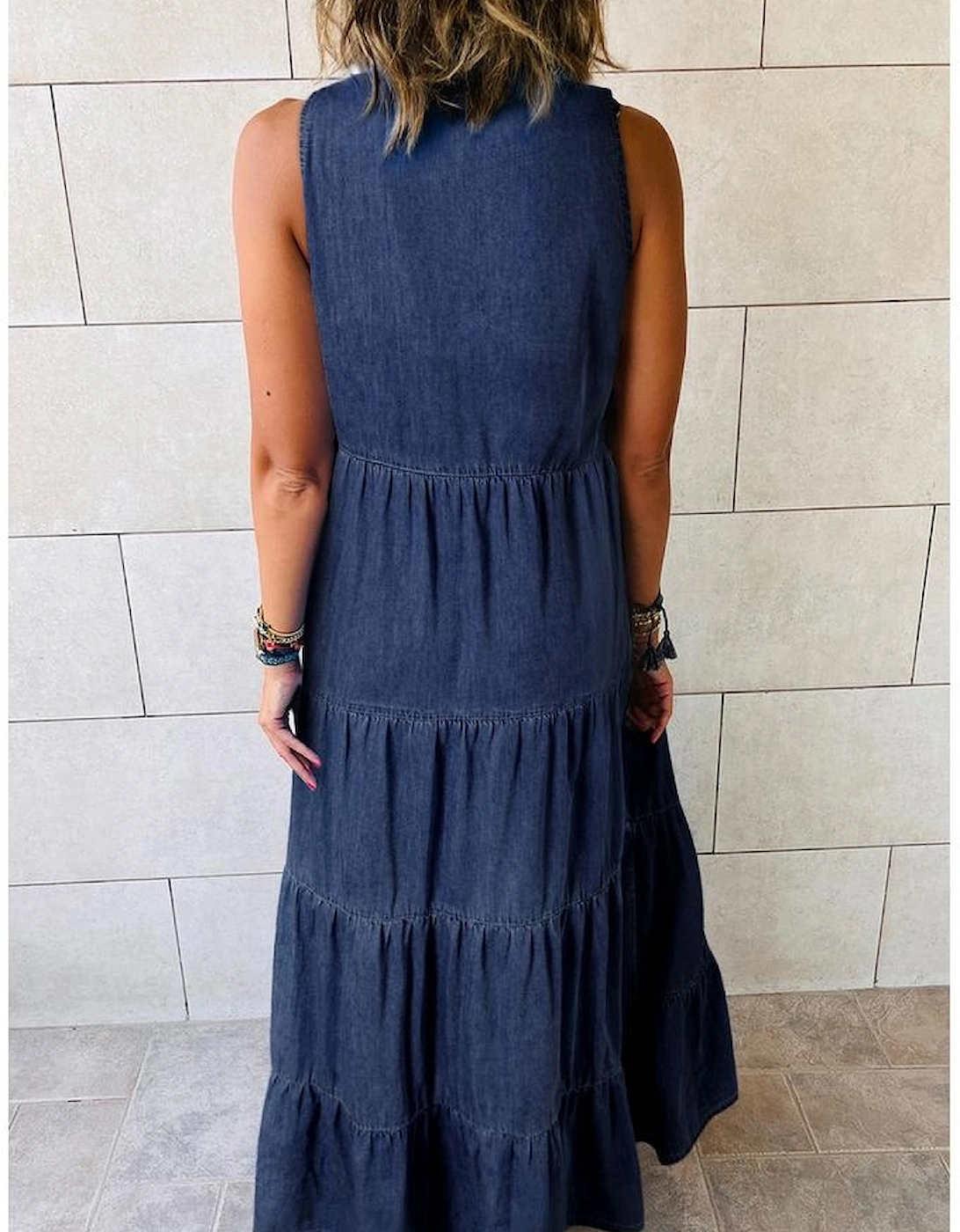 Real Teal Sleeveless Tiered Chambray Maxi Dress