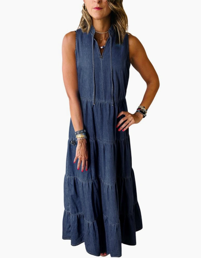 Real Teal Sleeveless Tiered Chambray Maxi Dress