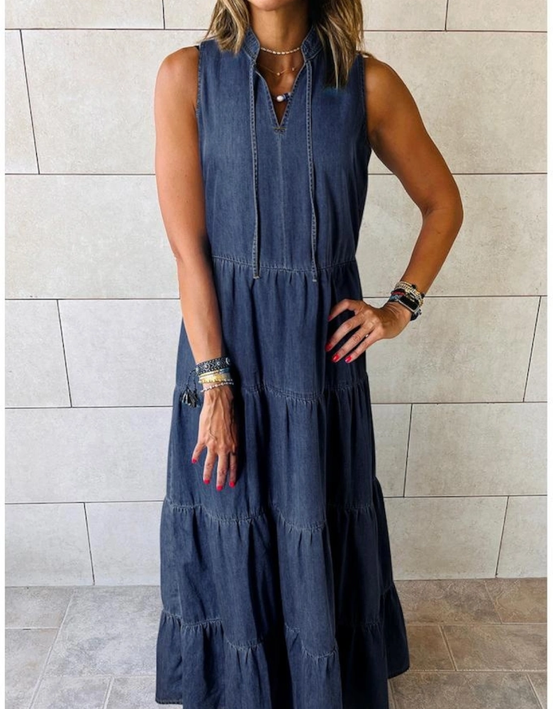 Real Teal Sleeveless Tiered Chambray Maxi Dress