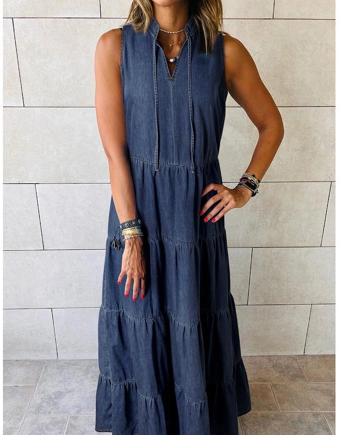 Real Teal Sleeveless Tiered Chambray Maxi Dress, 10 of 9