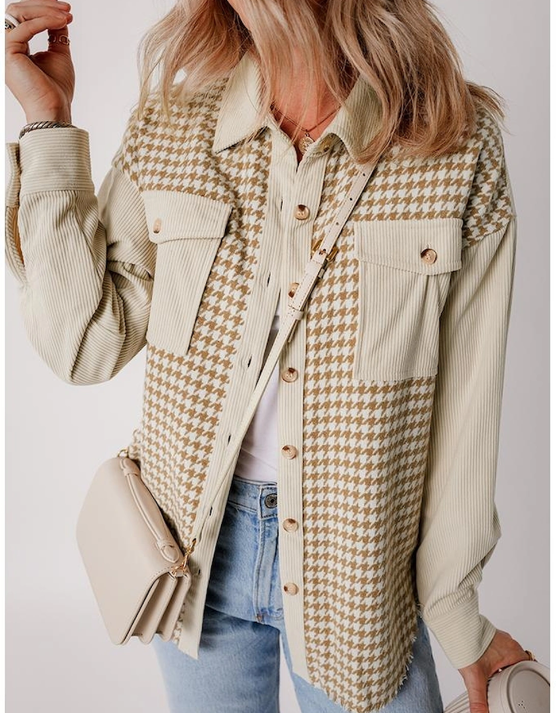 Parchment Houndstooth Corduroy Patchwork Flap Pocket Shacket