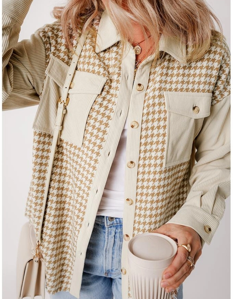 Parchment Houndstooth Corduroy Patchwork Flap Pocket Shacket