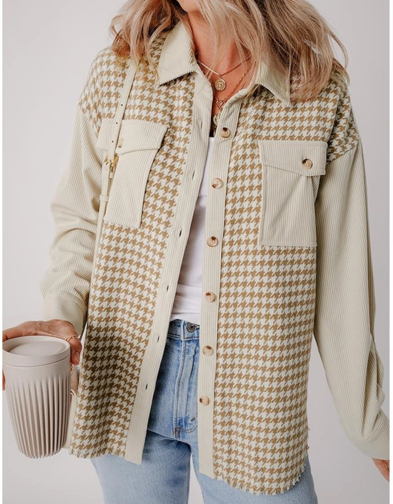 Parchment Houndstooth Corduroy Patchwork Flap Pocket Shacket