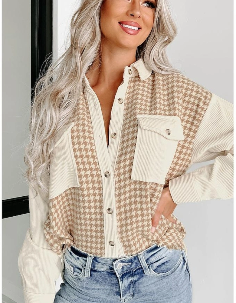 Parchment Houndstooth Corduroy Patchwork Flap Pocket Shacket