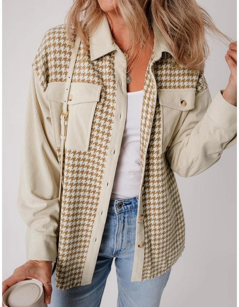 Parchment Houndstooth Corduroy Patchwork Flap Pocket Shacket