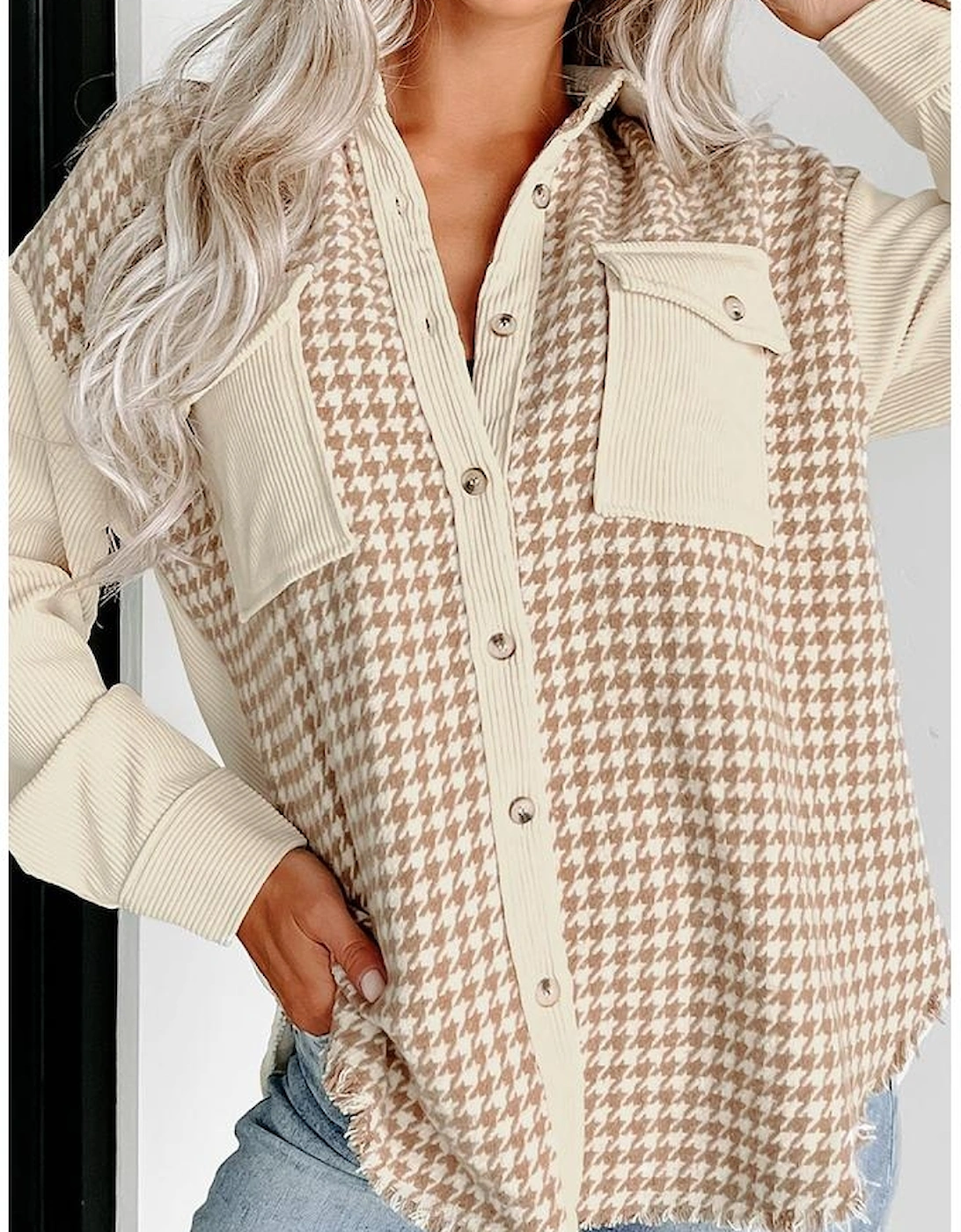 Parchment Houndstooth Corduroy Patchwork Flap Pocket Shacket