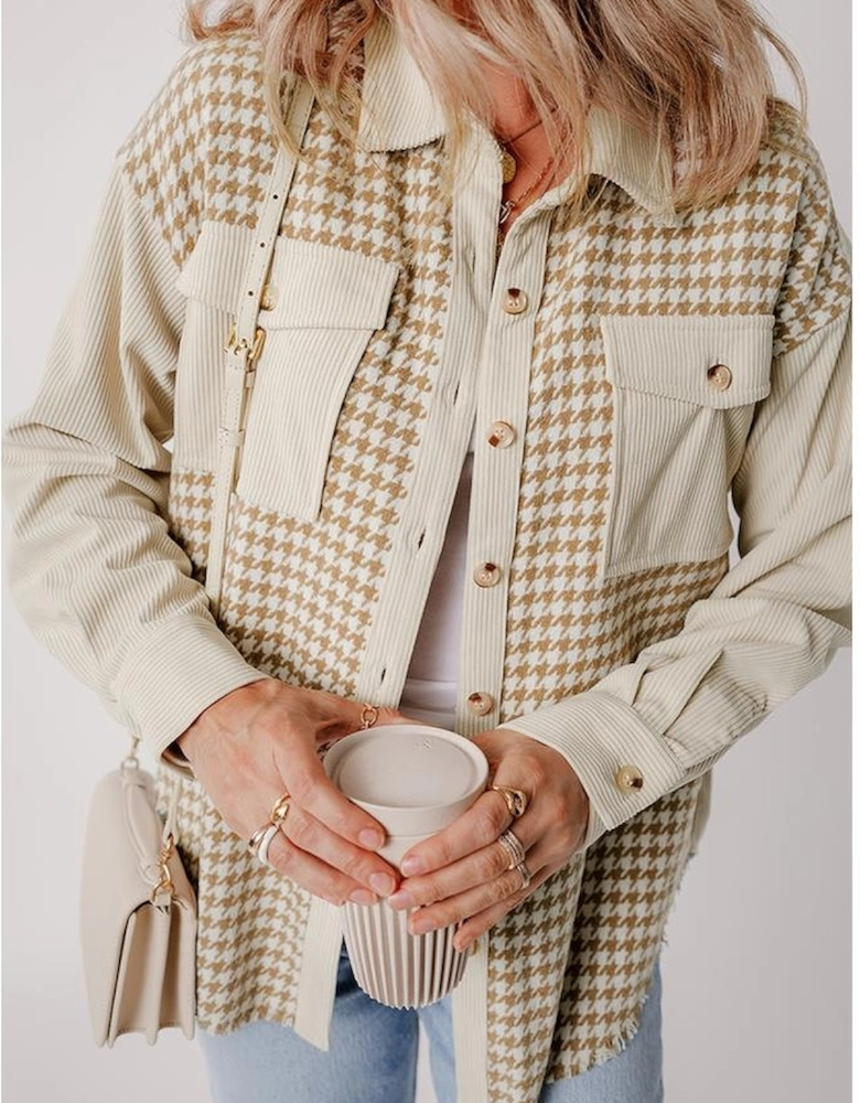 Parchment Houndstooth Corduroy Patchwork Flap Pocket Shacket