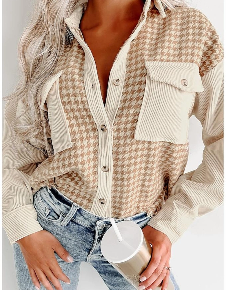 Parchment Houndstooth Corduroy Patchwork Flap Pocket Shacket