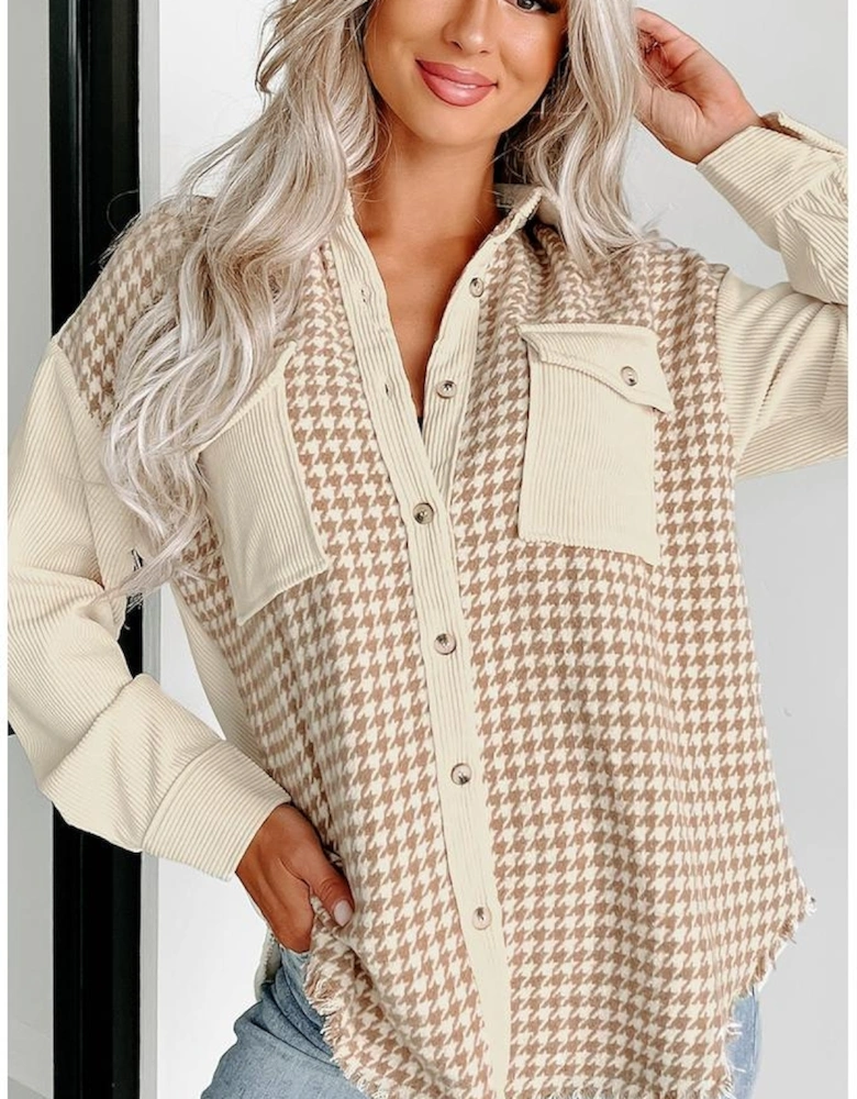 Parchment Houndstooth Corduroy Patchwork Flap Pocket Shacket