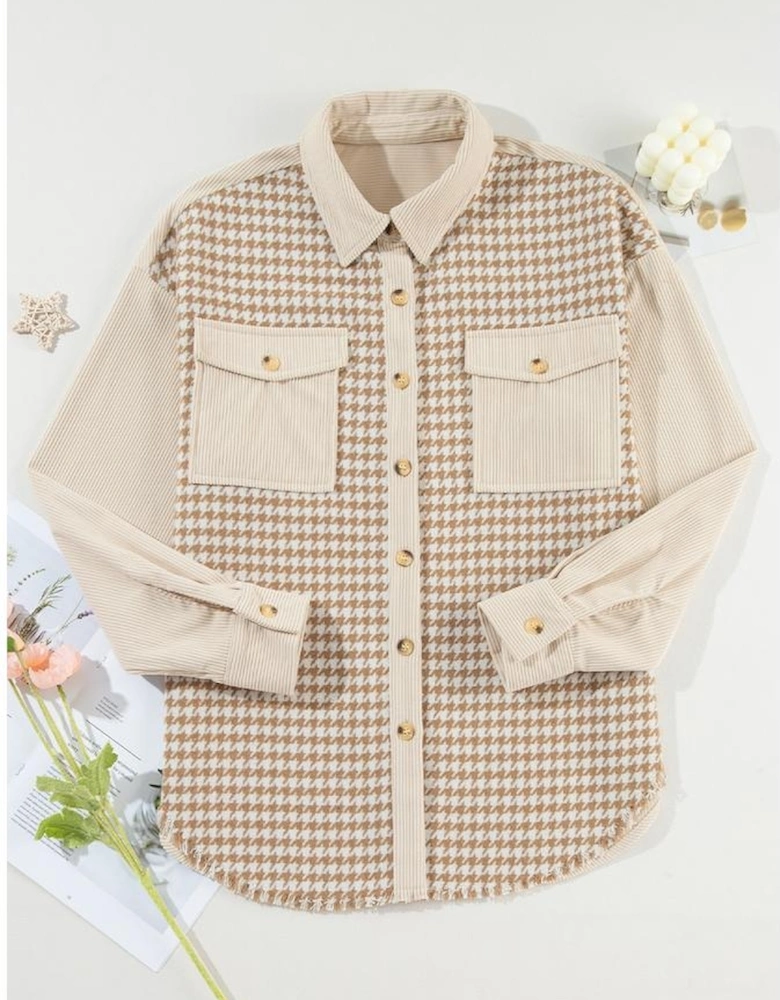 Parchment Houndstooth Corduroy Patchwork Flap Pocket Shacket