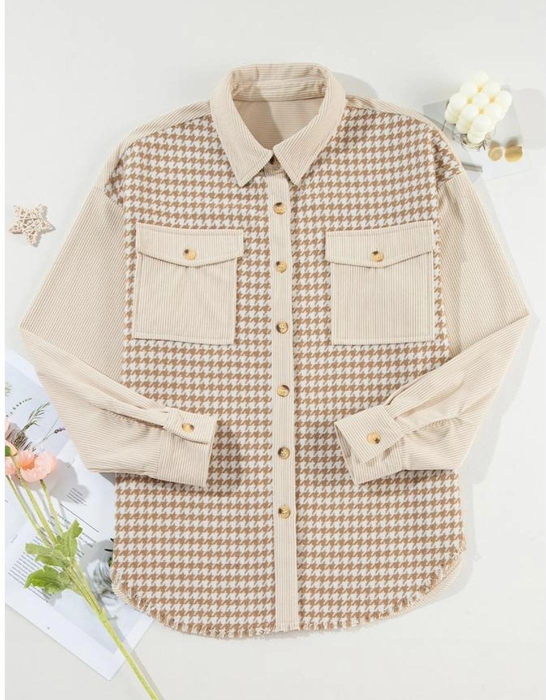 Parchment Houndstooth Corduroy Patchwork Flap Pocket Shacket