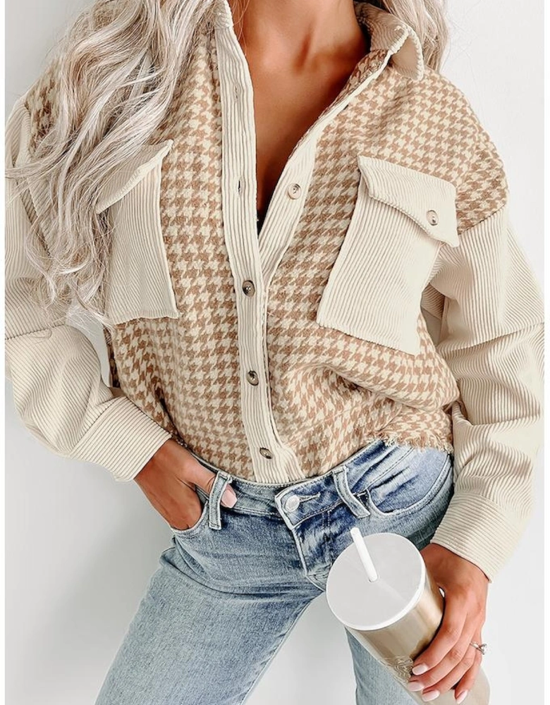 Parchment Houndstooth Corduroy Patchwork Flap Pocket Shacket