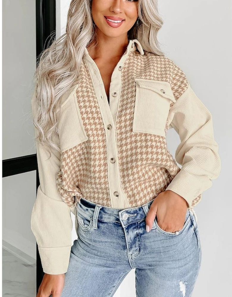 Parchment Houndstooth Corduroy Patchwork Flap Pocket Shacket