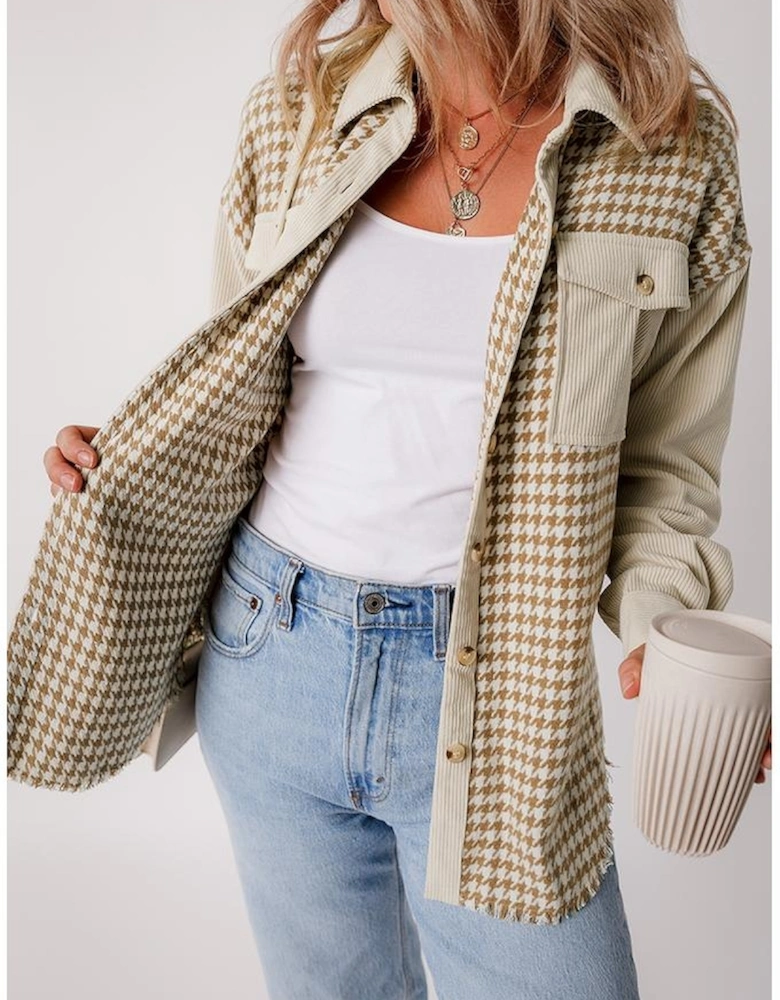Parchment Houndstooth Corduroy Patchwork Flap Pocket Shacket