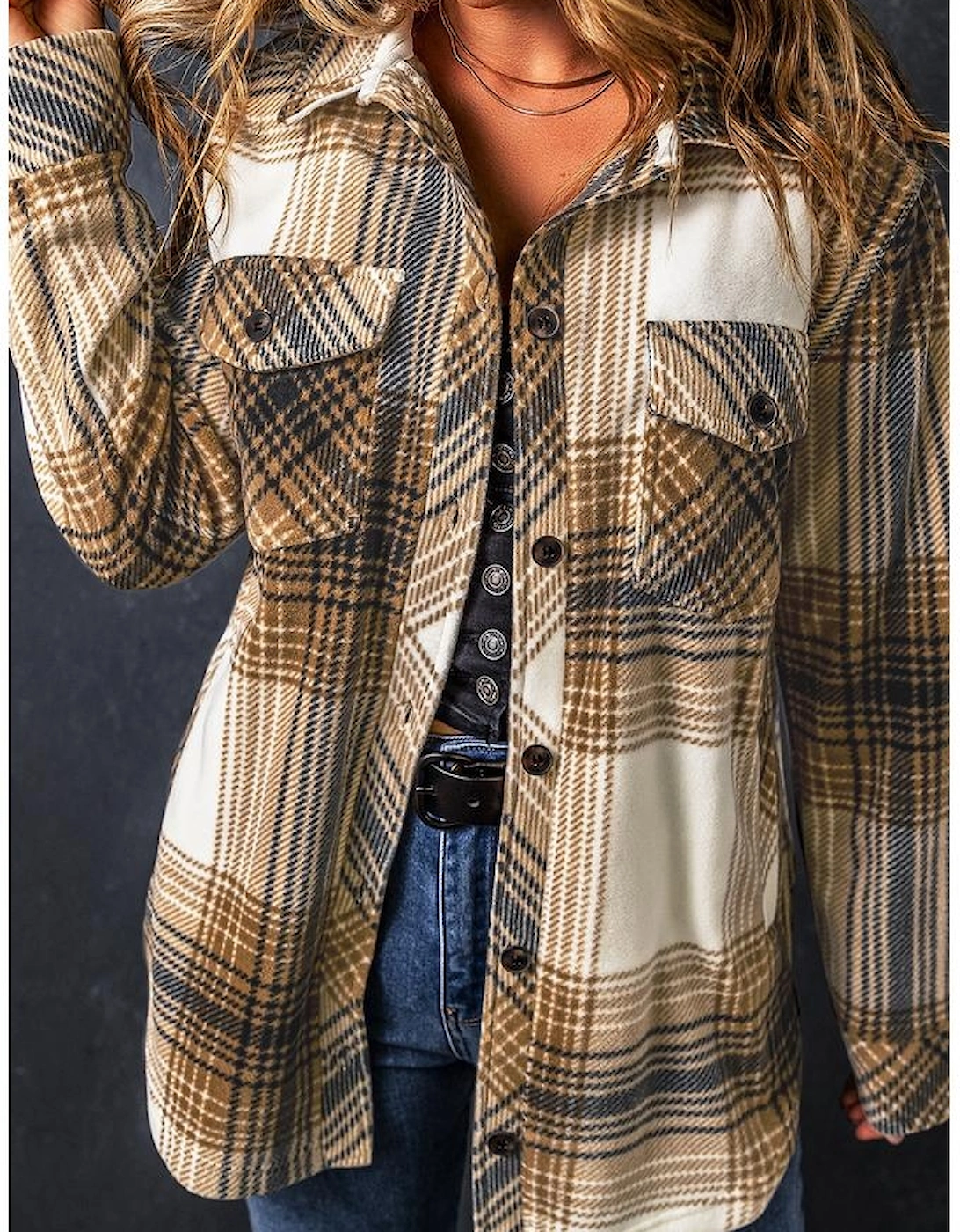 Multicolour Plaid Print Flap Pocket Button Up Shacket, 14 of 13