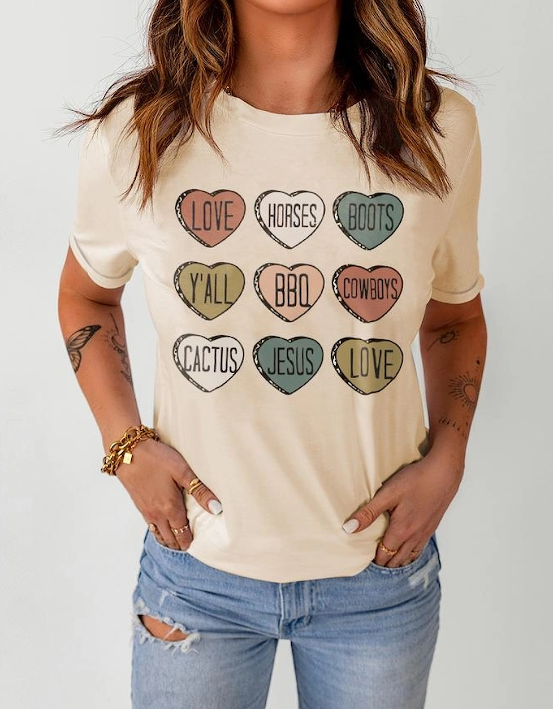 Khaki Heart Shaped Graphic Cowgirl T Shirt