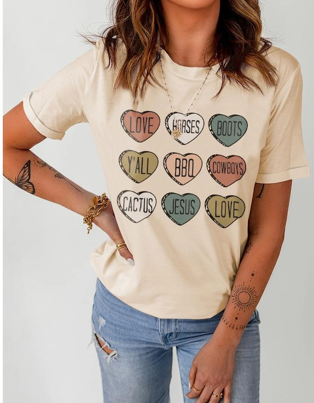 Khaki Heart Shaped Graphic Cowgirl T Shirt