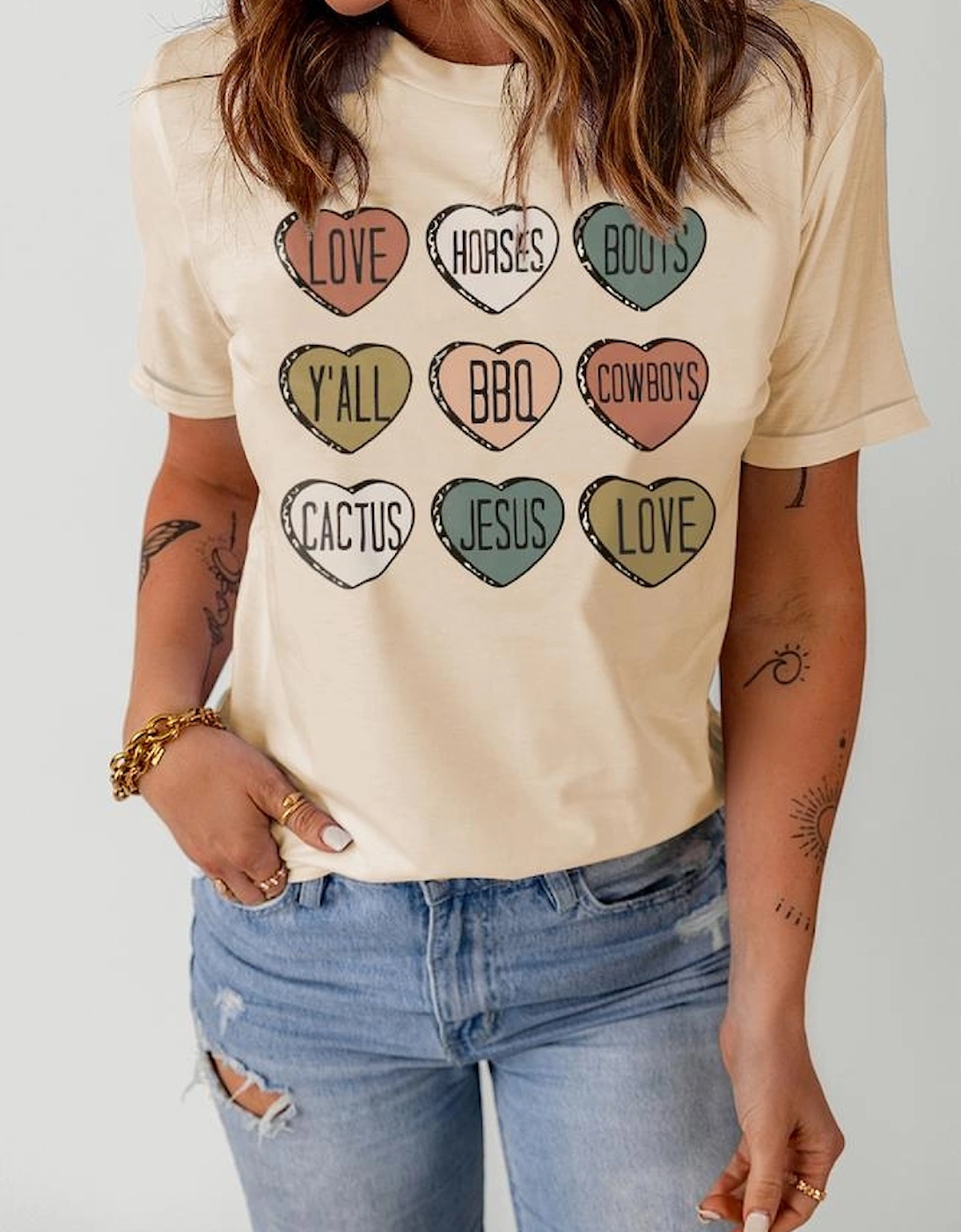 Khaki Heart Shaped Graphic Cowgirl T Shirt