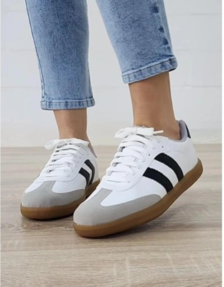 White Striped Lace-up Flat Sneakers