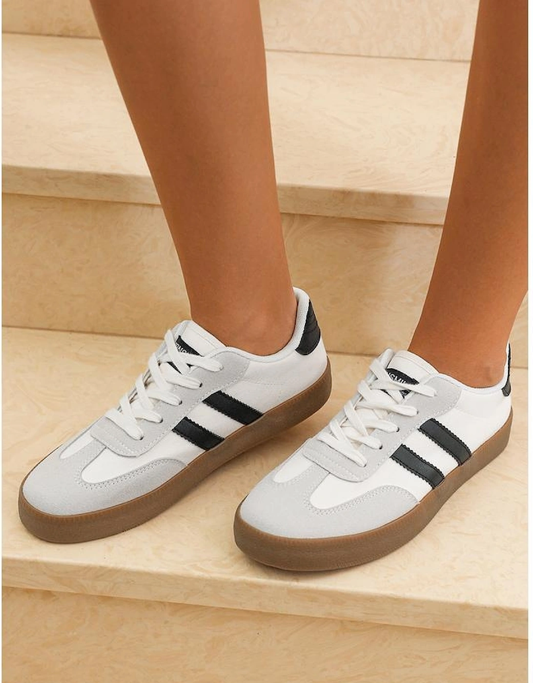 White Striped Lace-up Flat Sneakers