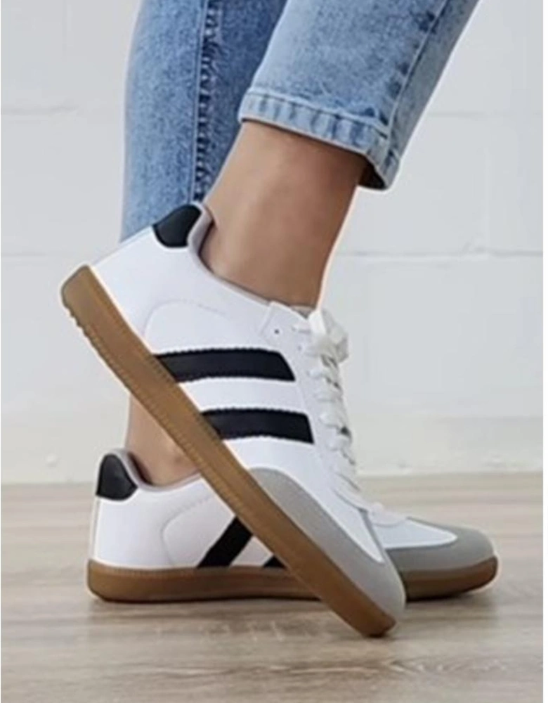 White Striped Lace-up Flat Sneakers
