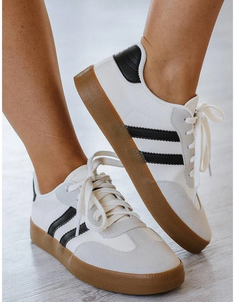 White Striped Lace-up Flat Sneakers