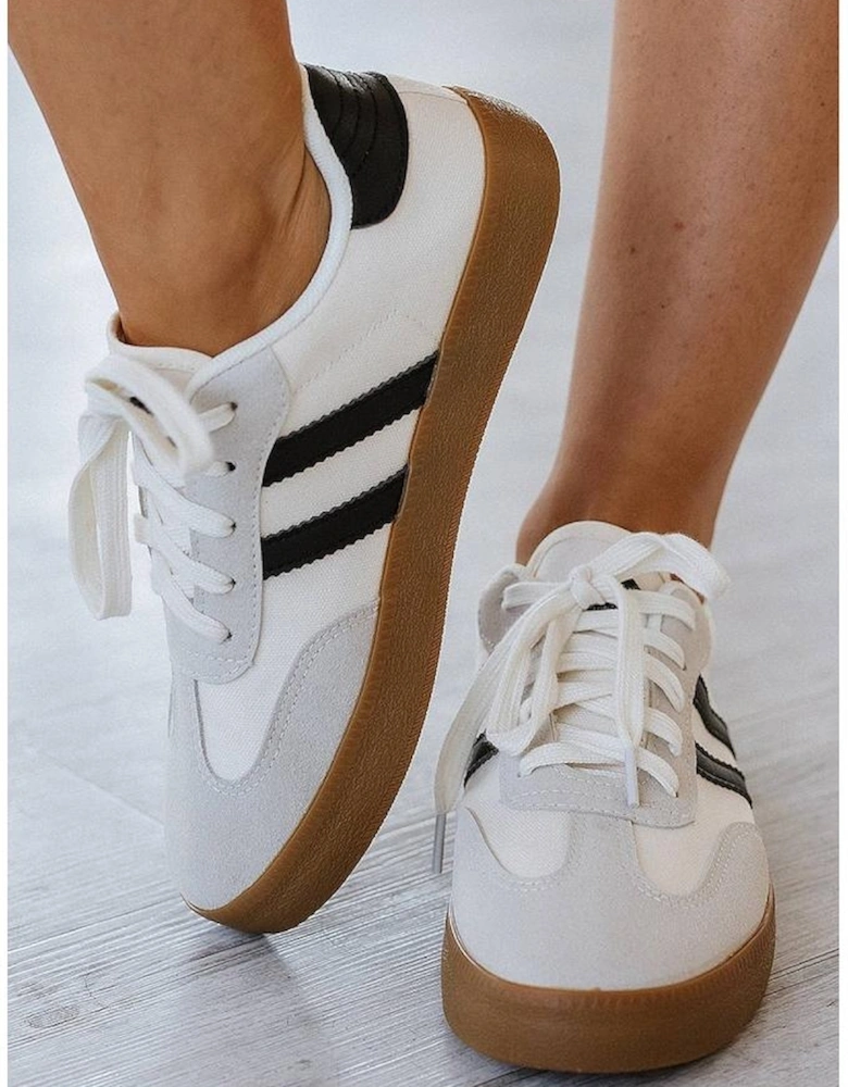 White Striped Lace-up Flat Sneakers