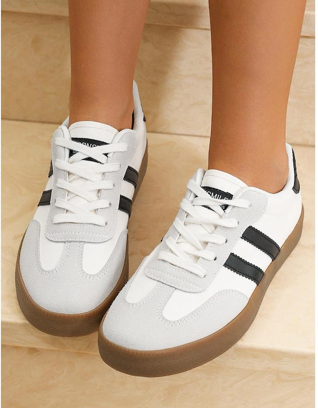 White Striped Lace-up Flat Sneakers