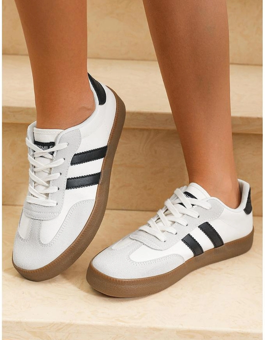 White Striped Lace-up Flat Sneakers