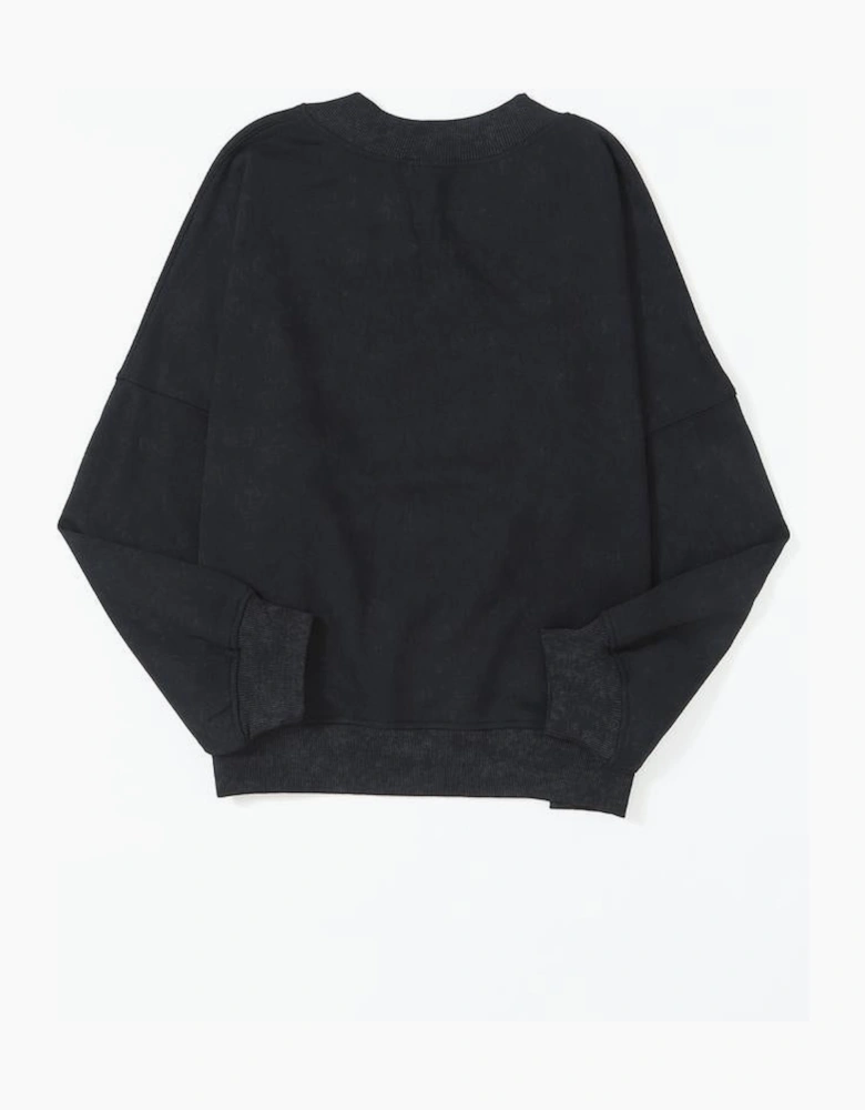 Black Drop Shoulder Crew Neck Pullover Sweatshirt