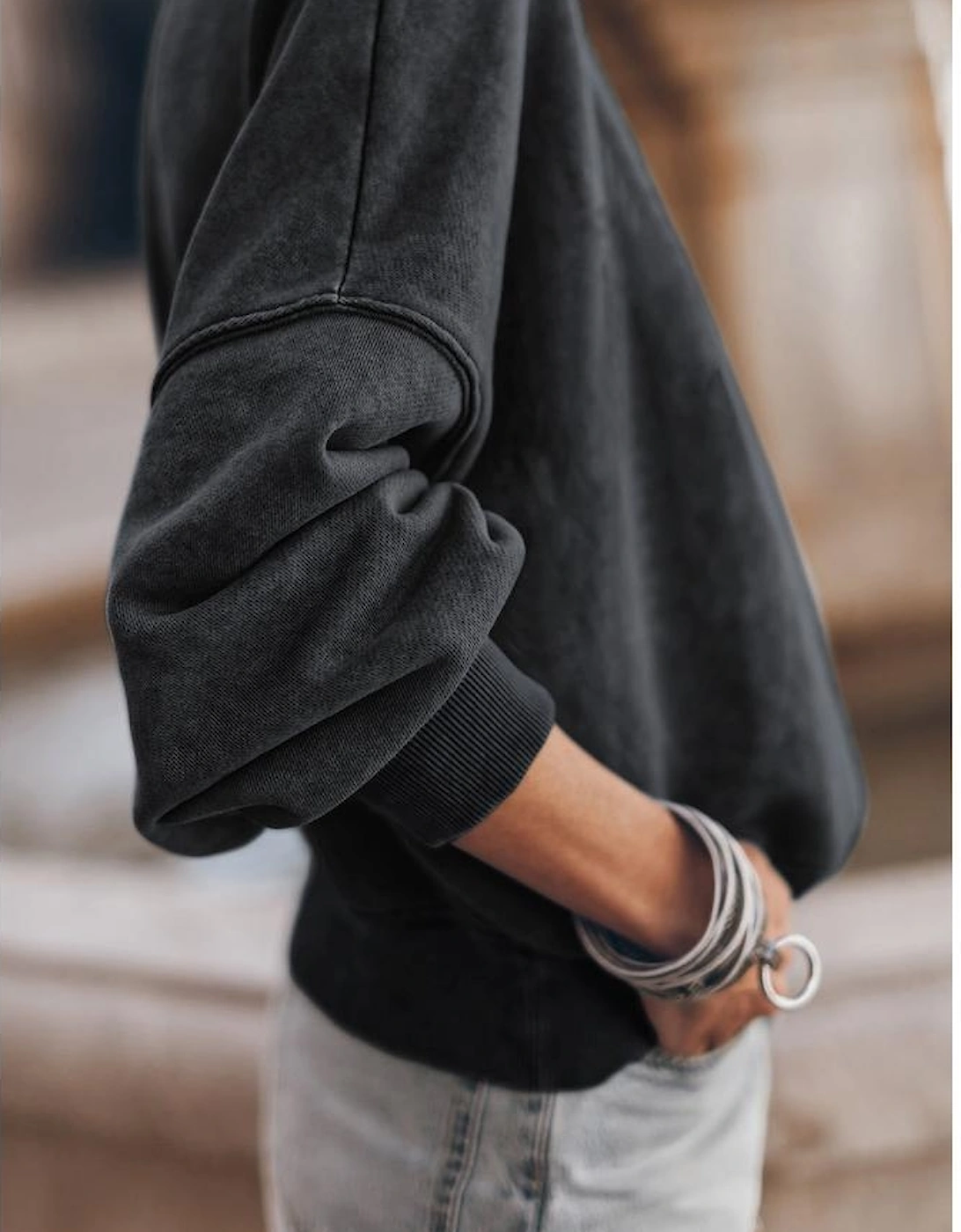 Black Drop Shoulder Crew Neck Pullover Sweatshirt
