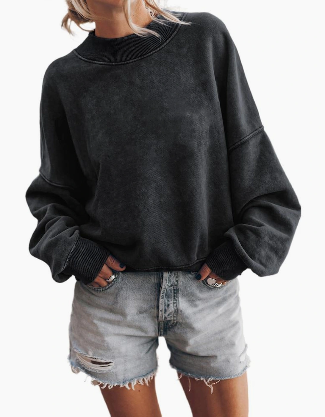 Black Drop Shoulder Crew Neck Pullover Sweatshirt
